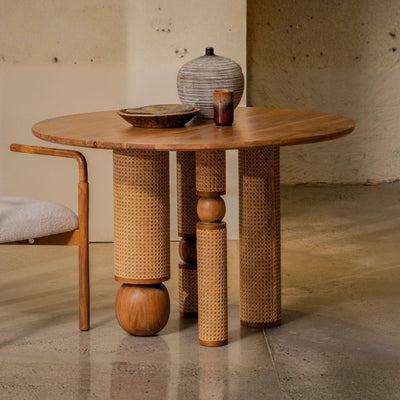 Tatvaacasa Handcrafted Solid Wood Dining Table with Rattan Wrapped Cylindrical Legs for Modern Dining Room