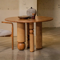 Tatvaacasa Handcrafted Solid Wood Dining Table with Rattan Wrapped Cylindrical Legs for Modern Dining Room