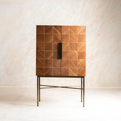 Tatvaacasa Geometric Pattern Wooden Bar Cabinet with Metal Stand – Natural Finish