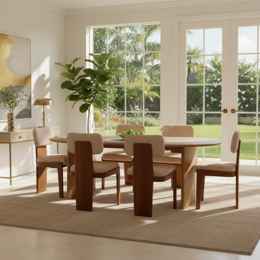 Solid Wood 6 Seater Oval Dining Table Set with Upholstered Chairs for Living & Dining Room