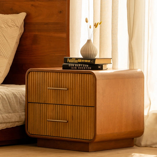 Tatvaacasa Solid Mango Wood Bedside Table with Fluted Drawers