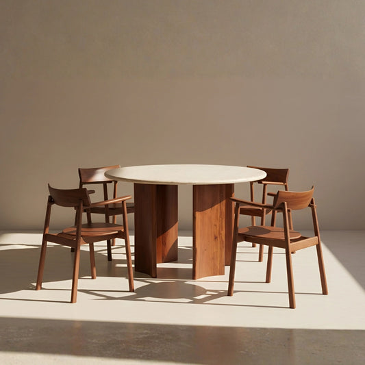 Tatvaacasa Modern Round Solid Wood Dining Table Set with Marble Top