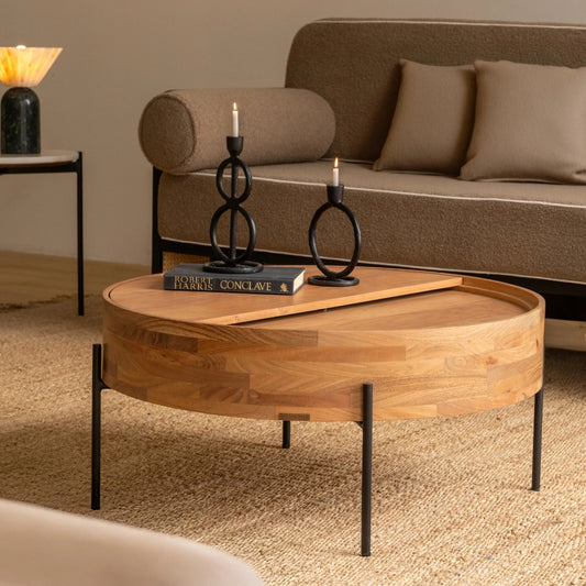 Wooden Natural Round Coffee Table with Metal Legs