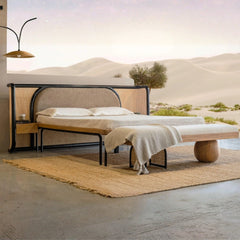 Tatvaacasa Modern Queen Bed with Cane Back & Metal Frame – Natural Wood Finish