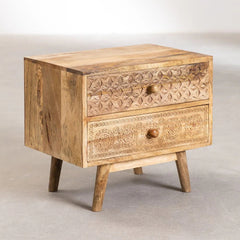 Mango Wood Carved Bed Side Table