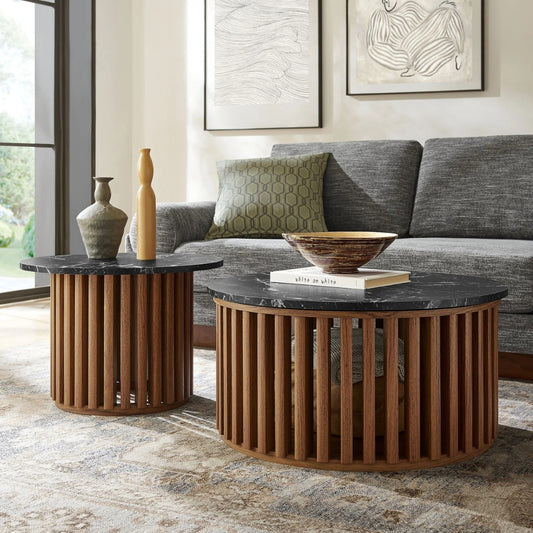 Round Marble Top Nesting Coffee Table Set in Walnut Black