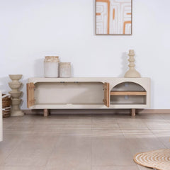 Tatvaacasa Contemporary Wooden TV Unit with Curved Design & Storage