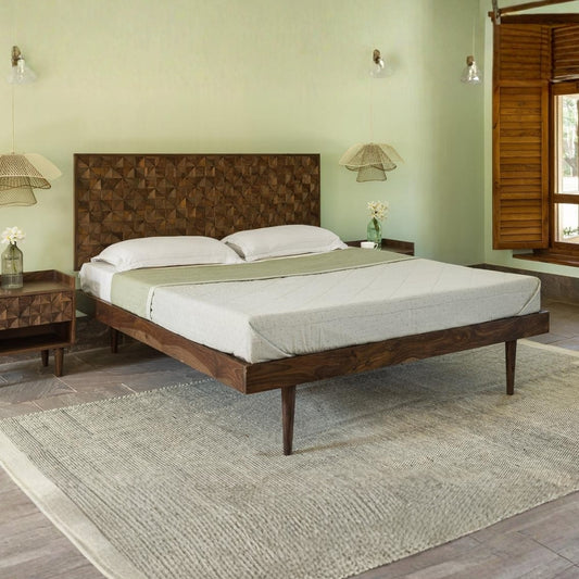Modern Sheesham Wood Bed with Geometric Carved Headboard | American Walnut Finish Wooden Bed