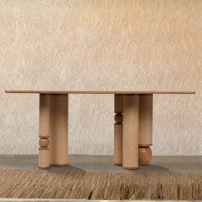Tatvaacasa Handcrafted Solid Wood Dining Table with Rattan Wrapped Cylindrical Legs
