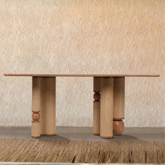 Tatvaacasa Handcrafted Solid Wood Dining Table with Rattan Wrapped Cylindrical Legs