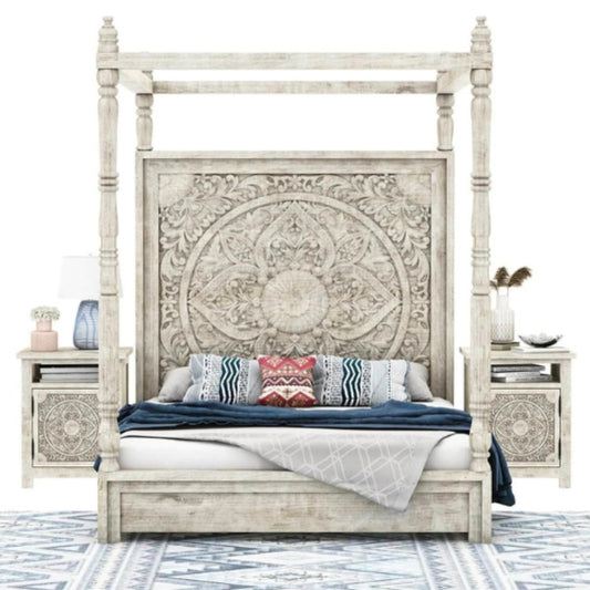Hand-Carved Solid Mango Wood Canopy Bed