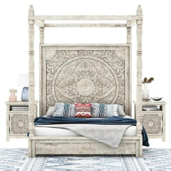 Hand-Carved Solid Mango Wood Canopy Bed