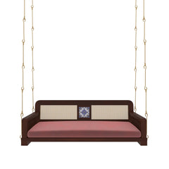 Wooden Swing with Cane Backrest and Cushioned Seating