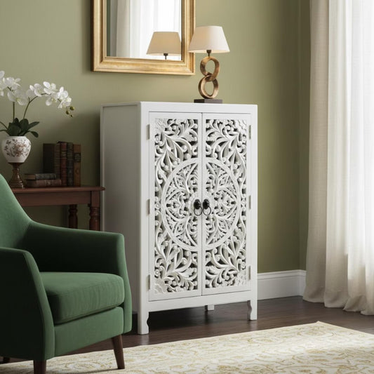Carved Mango Wood Cabinet, White Boho Nightstand