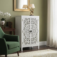 Carved Mango Wood Cabinet, White Boho Nightstand