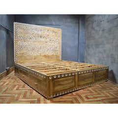 Hand Carved Design Dual Tone Storage Bed
