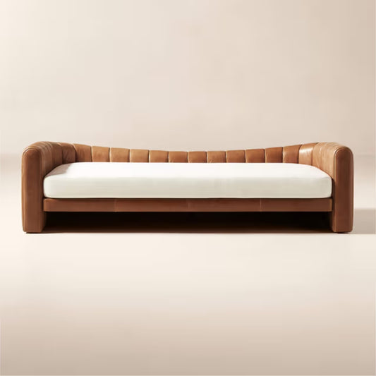 Tatvaacasa Brown Leather and Beige Performance Fabric Daybed