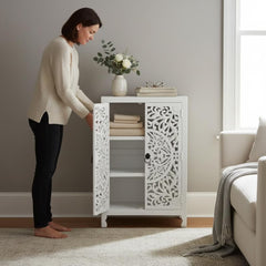 Carved Mango Wood Cabinet, White Boho Nightstand