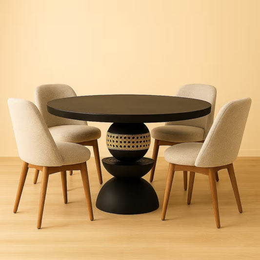 Modern Black Pedestal Dining Table with Cane Detail