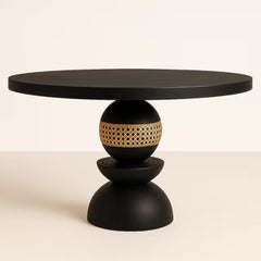 Modern Black Pedestal Dining Table with Cane Detail