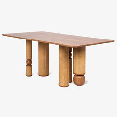 Tatvaacasa Handcrafted Solid Wood Dining Table with Rattan Wrapped Cylindrical Legs