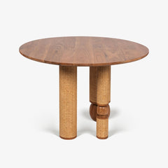 Tatvaacasa Handcrafted Solid Wood Dining Table with Rattan Wrapped Cylindrical Legs for Modern Dining Room