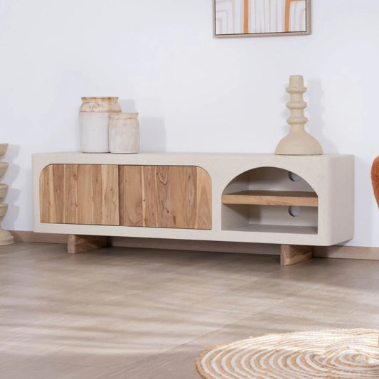 Tatvaacasa Contemporary Wooden TV Unit with Curved Design & Storage