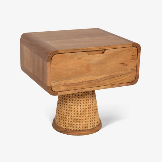 Tatvaacasa Solid Acacia Wood Bedside Table with Rattan Cane Webbing