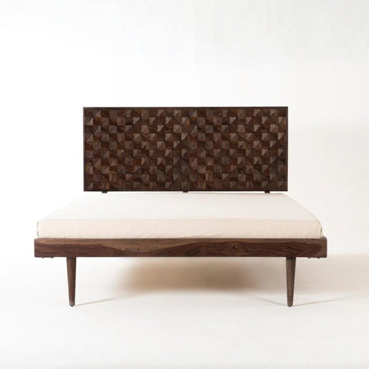 Modern Sheesham Wood Bed with Geometric Carved Headboard | American Walnut Finish Wooden Bed