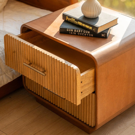 Tatvaacasa Solid Mango Wood Bedside Table with Fluted Drawers