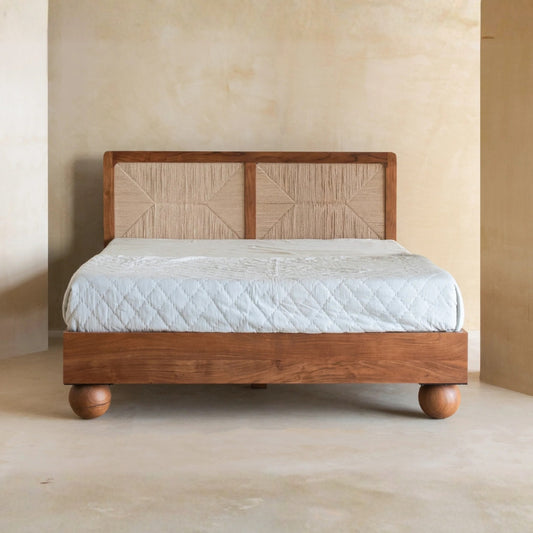Tatvaacasa Queen Size Wooden Bed with Woven Cane Back