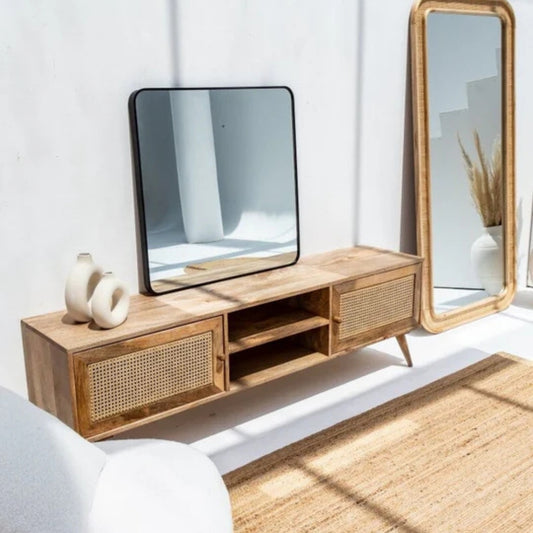 Rattan 2 Doors TV Console (Solid Wood & Cane )