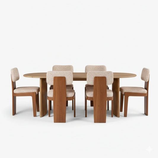 Solid Wood 6 Seater Oval Dining Table Set with Upholstered Chairs for Living & Dining Room