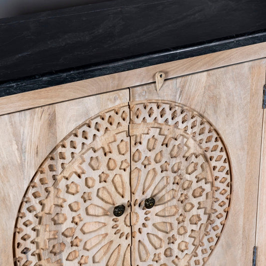 Carved Acacia Wood Sideboard with Black Marble