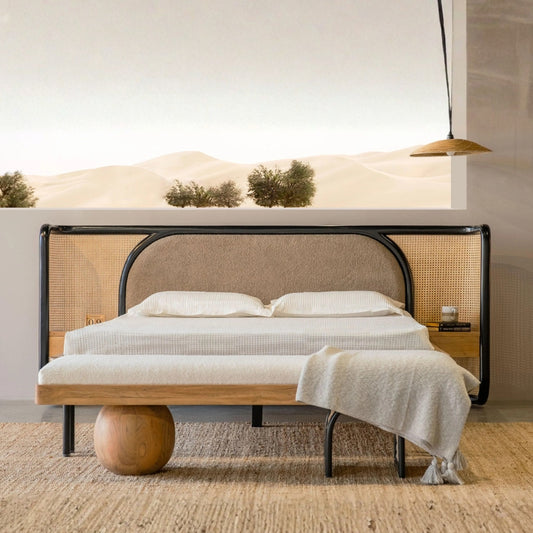 Tatvaacasa Modern Queen Bed with Cane Back & Metal Frame – Natural Wood Finish