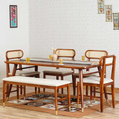Tatvaacasa 6-Seater Solid Wood Dining Table Set with Cushioned Chairs & Bench