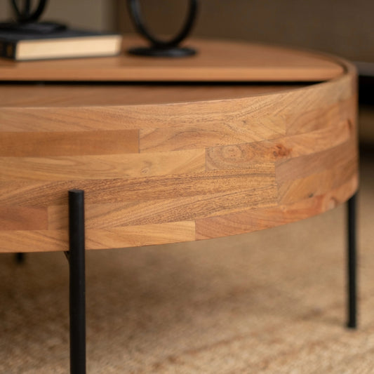Wooden Natural Round Coffee Table with Metal Legs