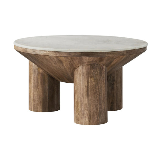 Tatvaacasa 33" Round Wood Coffee Table With Marble Top in Walnut