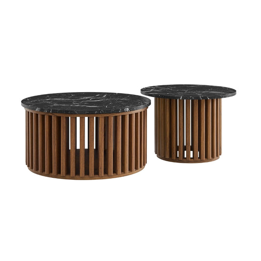 Round Marble Top Nesting Coffee Table Set in Walnut Black