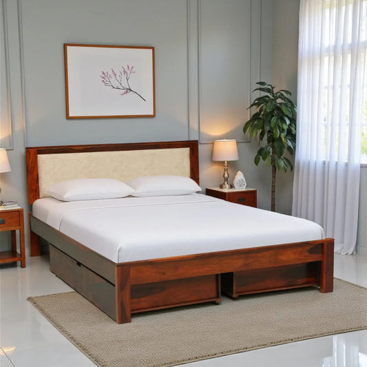 Solid Sheesham Wood Queen Size Bed With Storage Drawers