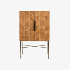 Tatvaacasa Geometric Pattern Wooden Bar Cabinet with Metal Stand – Natural Finish