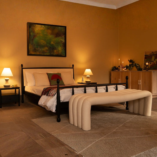 Solid Wood Bed with Upholstered Headboard | Modern Wooden Bed Frame for Bedroom