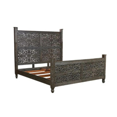 Hand Carved Wooden Bed – White & Dark Brown
