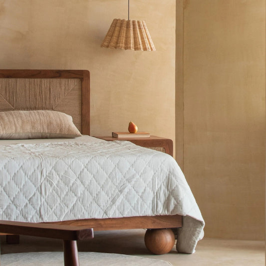 Tatvaacasa Queen Size Wooden Bed with Woven Cane Back