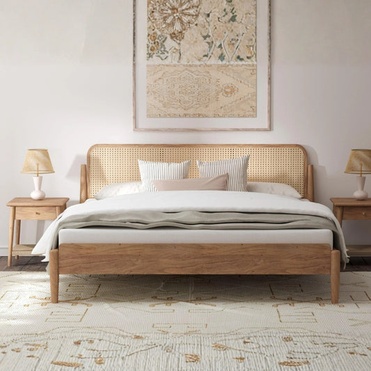 Solid Wood Bed with Cane Webbing Headboard – Natural Finish Wooden Double Bed for Bedroom