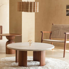Round Wooden Marble Top Coffee Table