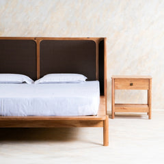 Tatvaacasa Solid Wood Bed with Headboard Panel & Matching Bedside Table