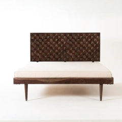 Modern Sheesham Wood Bed with Geometric Carved Headboard | American Walnut Finish Wooden Bed