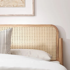 Solid Wood Bed with Cane Webbing Headboard – Natural Finish Wooden Double Bed for Bedroom