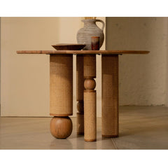 Tatvaacasa Handcrafted Solid Wood Dining Table with Rattan Wrapped Cylindrical Legs for Modern Dining Room